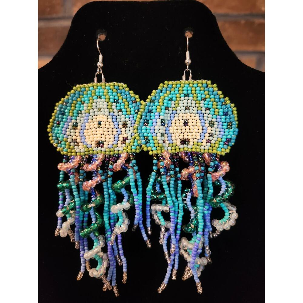 Blue & Green Beaded Jellyfish Dangle Earrings With Dangling Fringe Tentacles